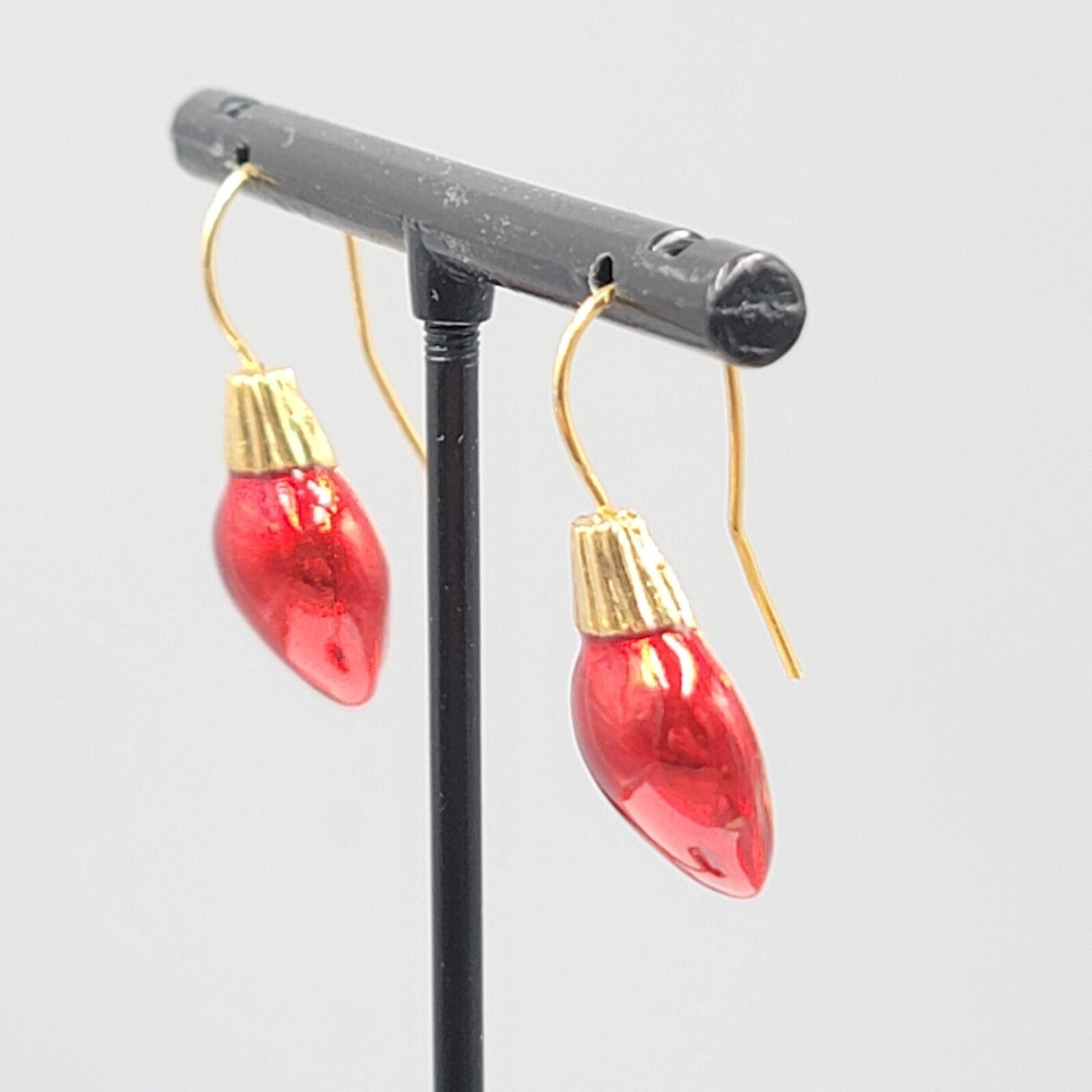 Christmas Bulb Pierced Earrings Gold Plated Red Enamel 3/4"