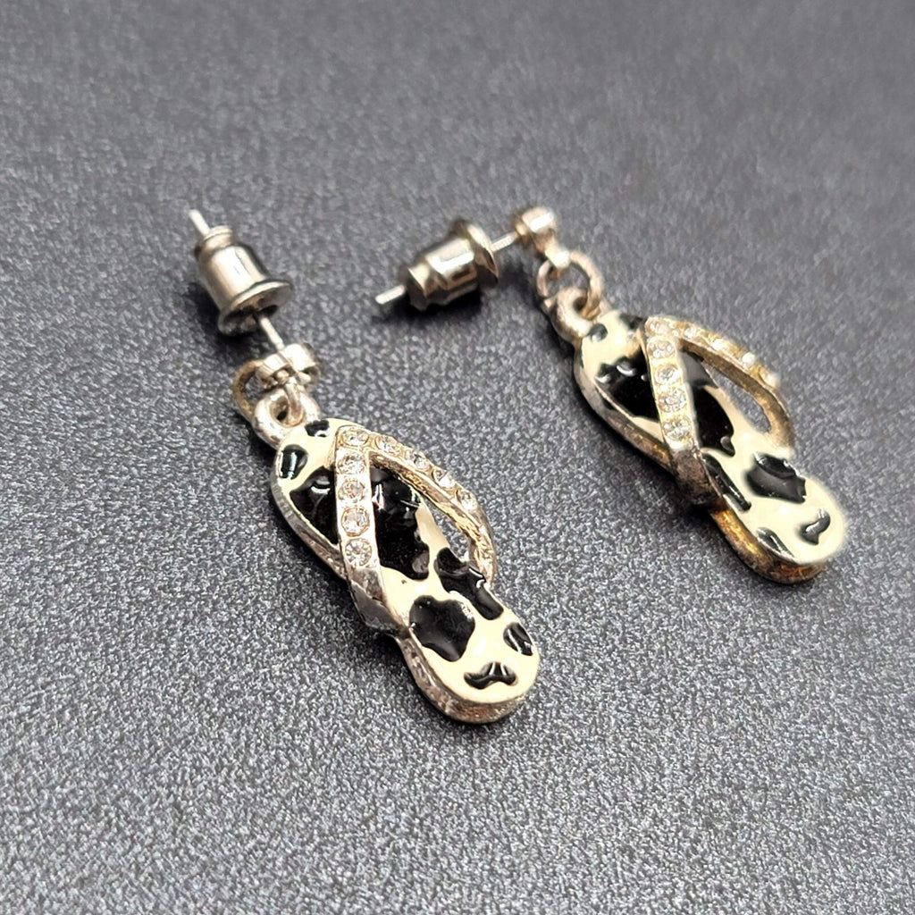 Pierced Earrings Black White Enamel Rhinestone Dangle Flip Flops Sandels 3/4"