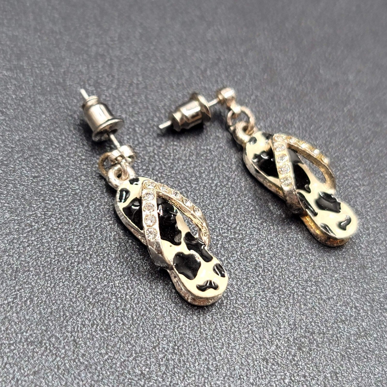 Pierced Earrings Black White Enamel Rhinestone Dangle Flip Flops Sandels 3/4"