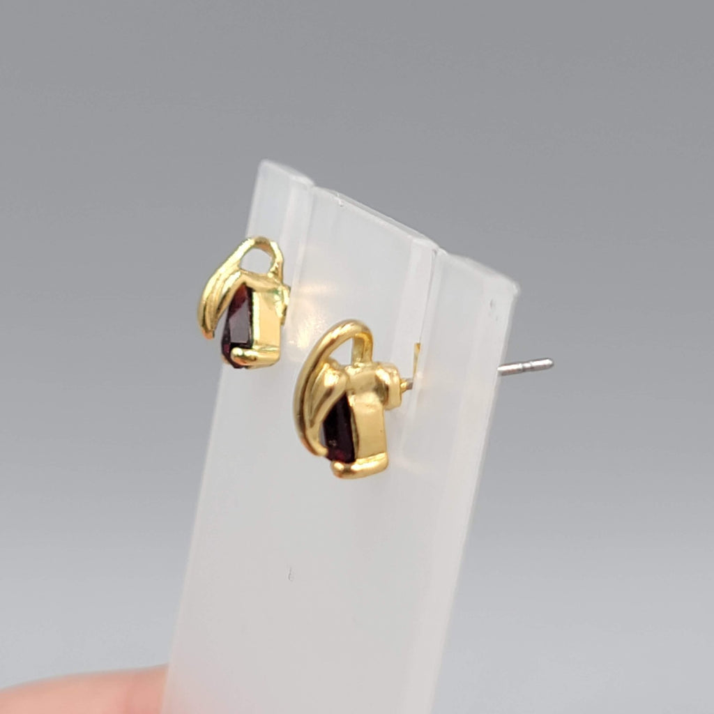 Stud Pierced Earrings Gold Plated Dark Red Stone 3/8"