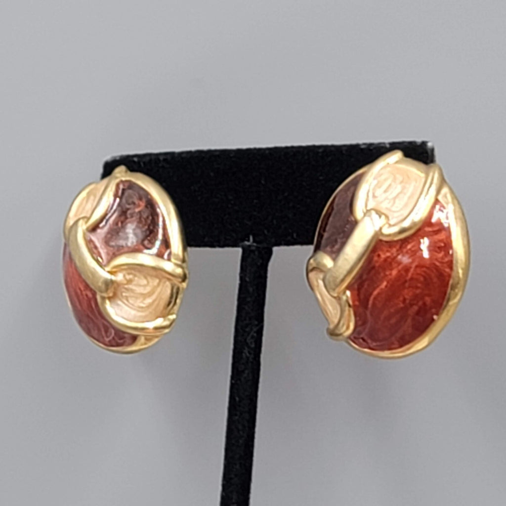 Vintage Pierced Earrings Red Brown Enamel Gold tone Dome 1"