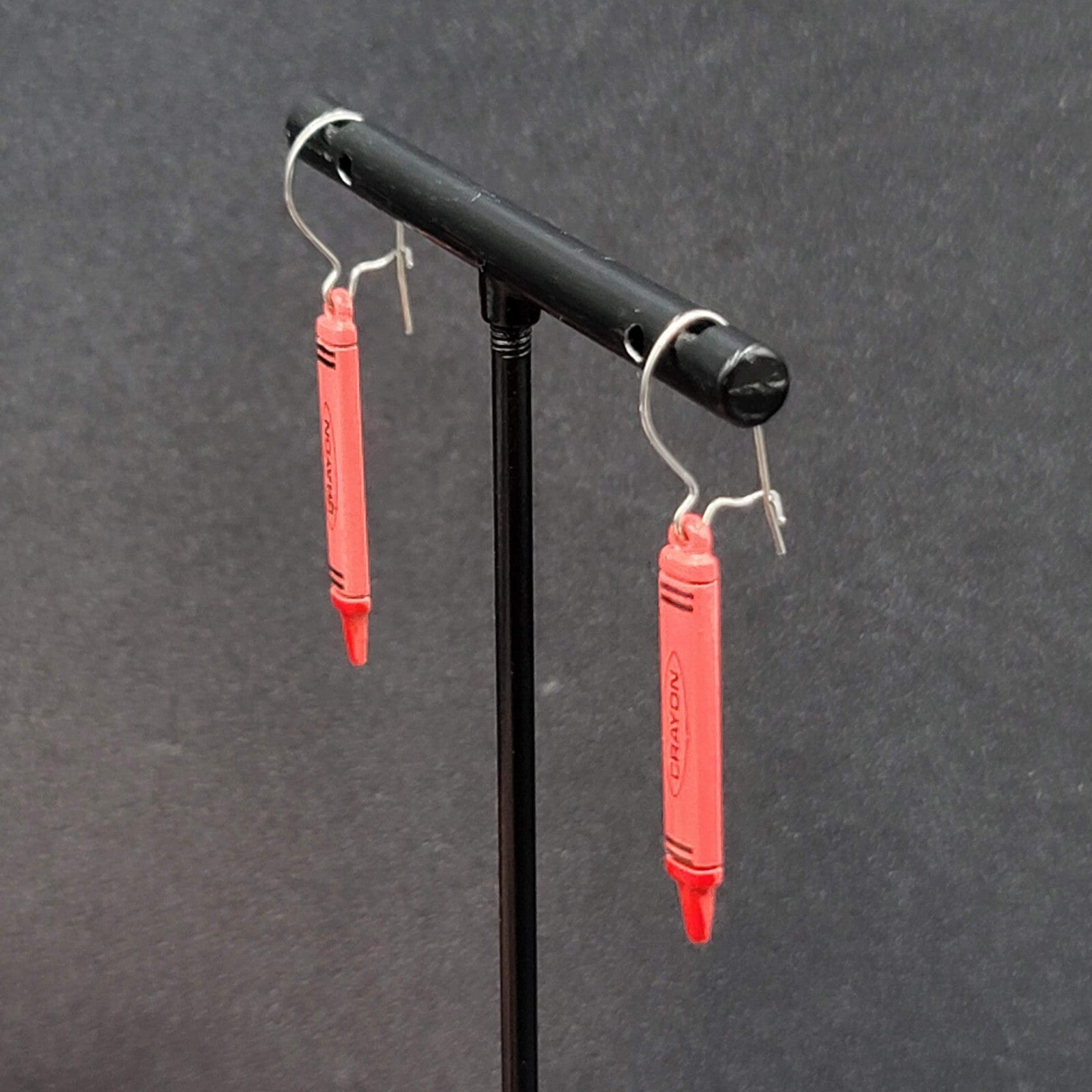 Vintage Pierced Earrings Red Crayon Dangle Silver tone Hooks Dangle 1 1/8"