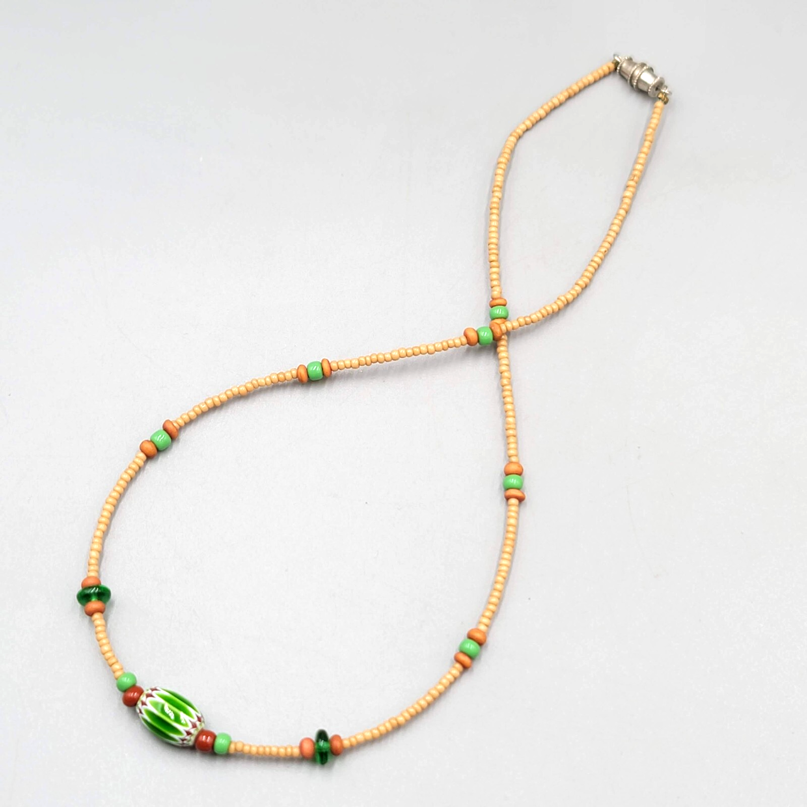 Art Glass Bead Necklace Tan Seed Bead Minimalist 16"