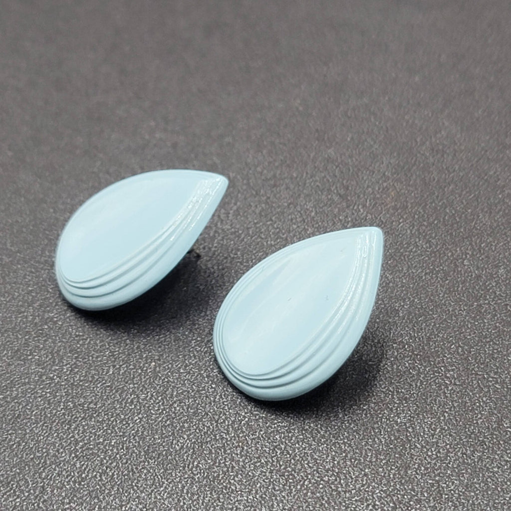 Vintage Pierced Earrings Blue Enamel over Metal Teardrop 1"