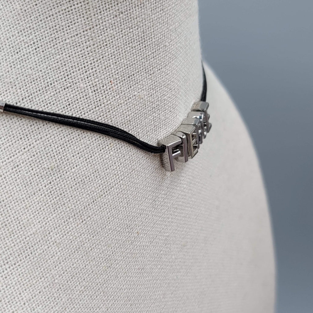 BCBGeneration FIERCE Necklace Black Cord Silver tone Signed 16"-18"