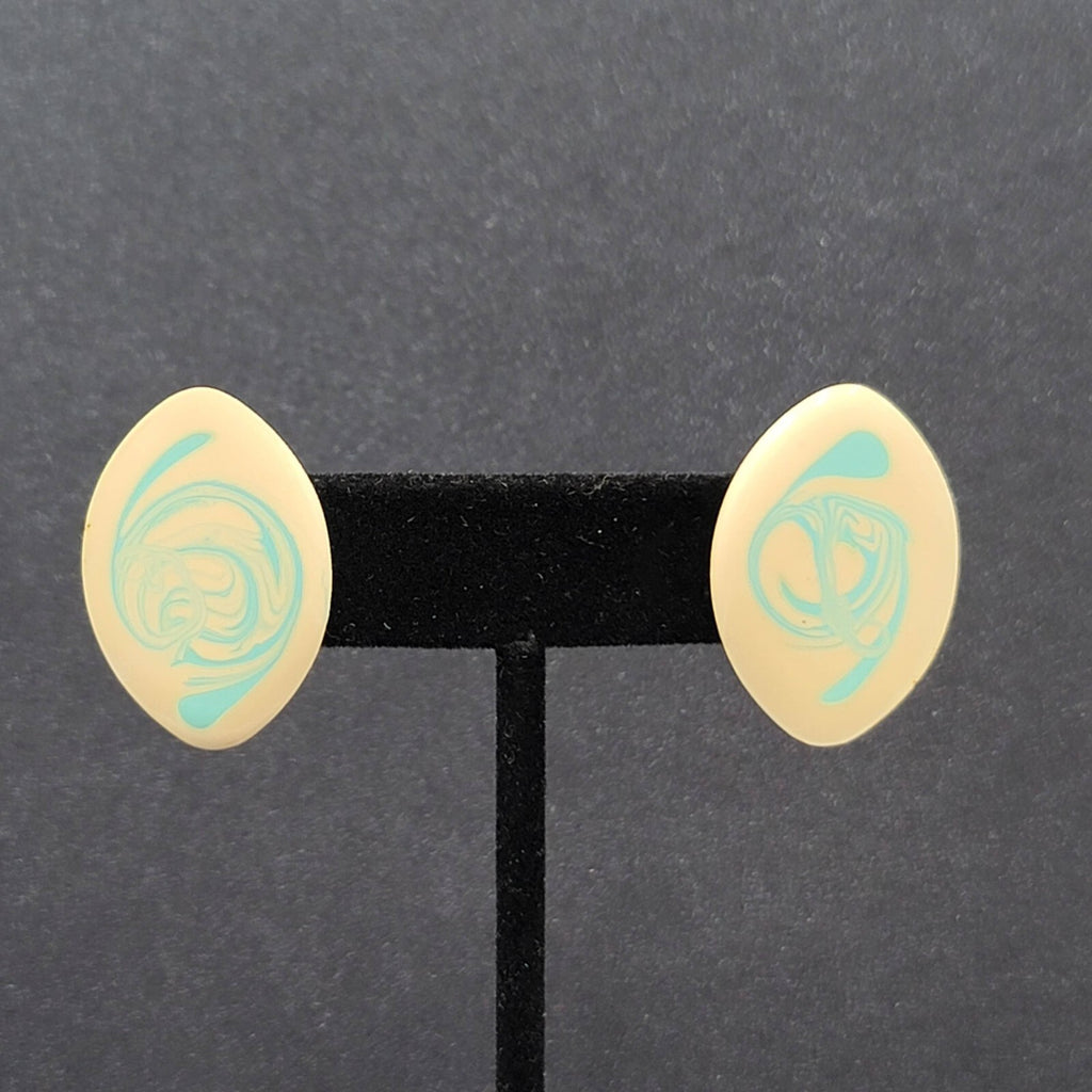 Vintage Pierced Earrings Cream Blue Swirl Enamel Drop 1 1/8"
