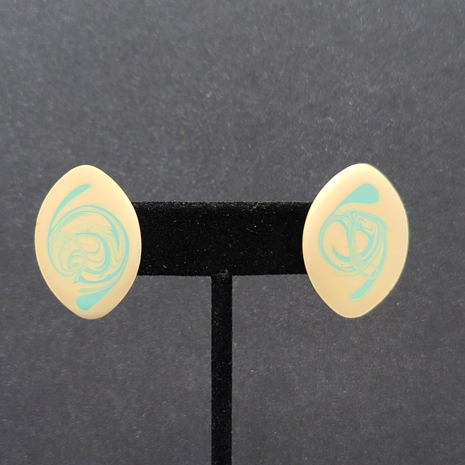 Vintage Pierced Earrings Cream Blue Swirl Enamel Drop 1 1/8"