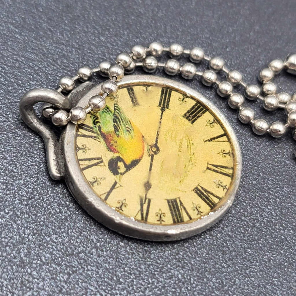 Necklace Signed Isabella Silver tone Bird Clock Pendant Ball Chain 18"