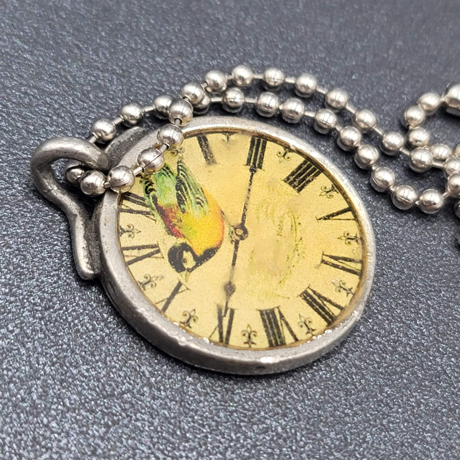 Necklace Signed Isabella Silver tone Bird Clock Pendant Ball Chain 18"