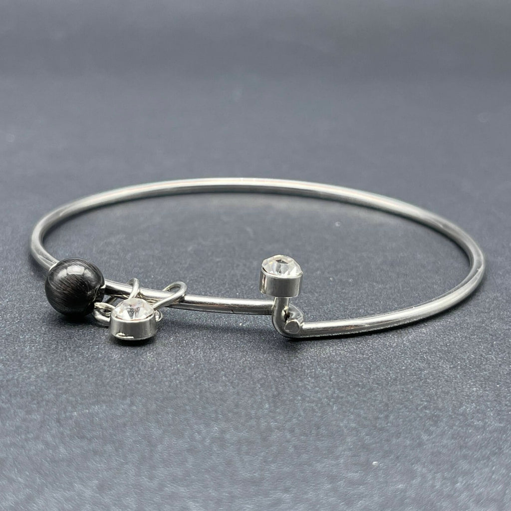 Silver tone Bangle Charm Bracelet Black Bead Charm Rhinestone 2 1/2"