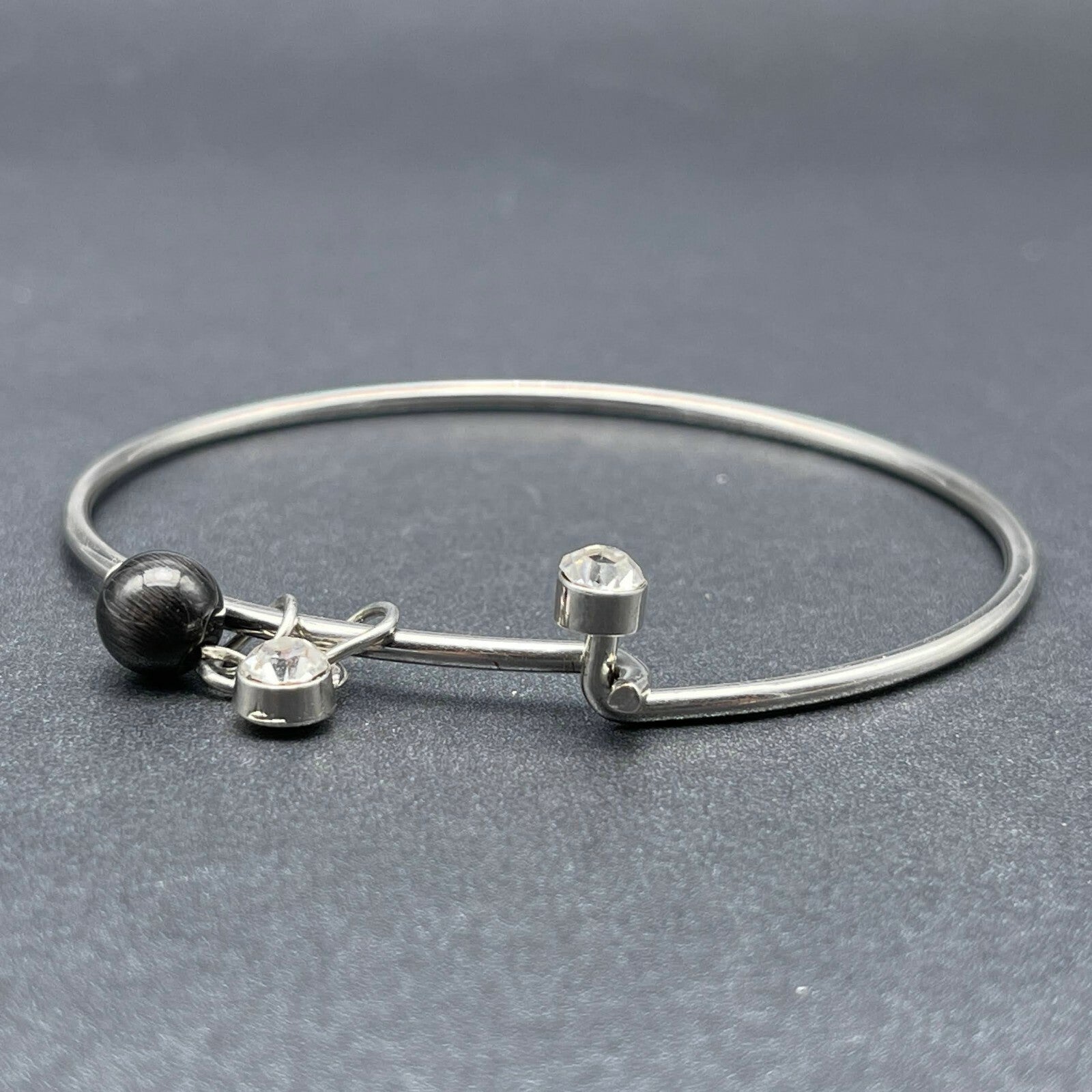 Silver tone Bangle Charm Bracelet Black Bead Charm Rhinestone 2 1/2"