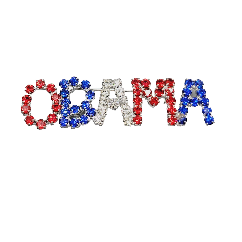 OBAMA Brooch Red White Blue Prong Set Rhinestones Political 2.5 in