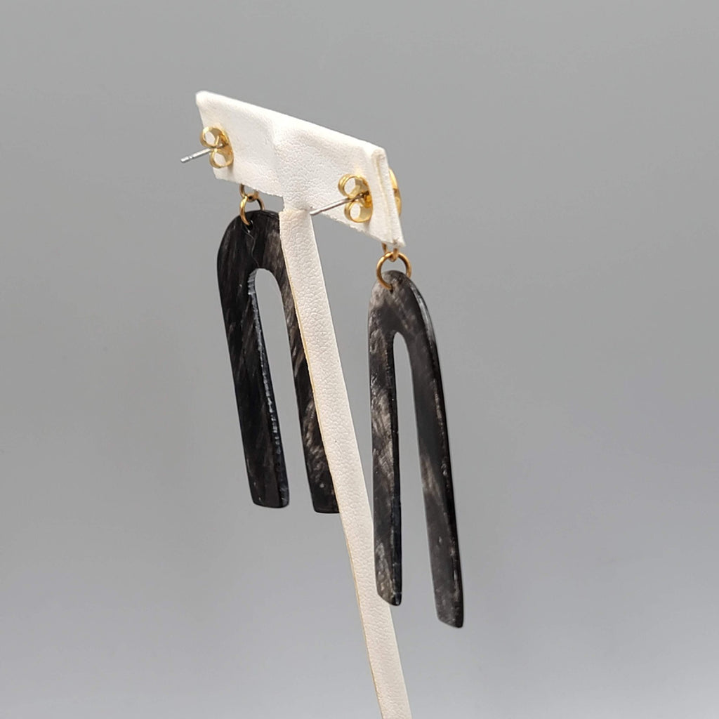 Carved Horn Statement Pierced Earrings Gold tone Dangle 2.5 in