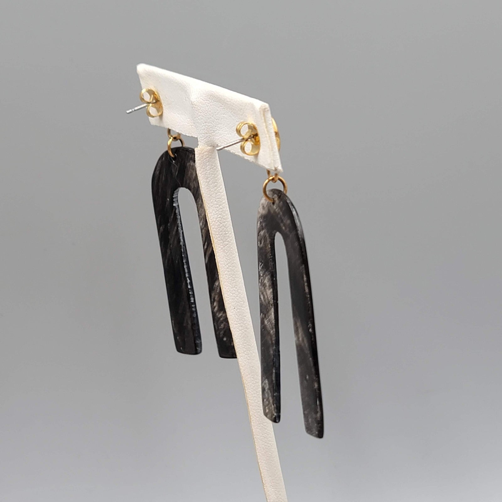 Carved Horn Statement Pierced Earrings Gold tone Dangle 2.5 in