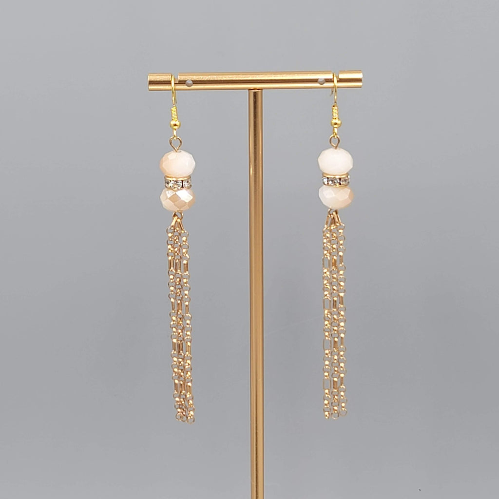 Gold tone Dangle Chains Pierced Earrings Ombre Faceted Glass Beads 3"