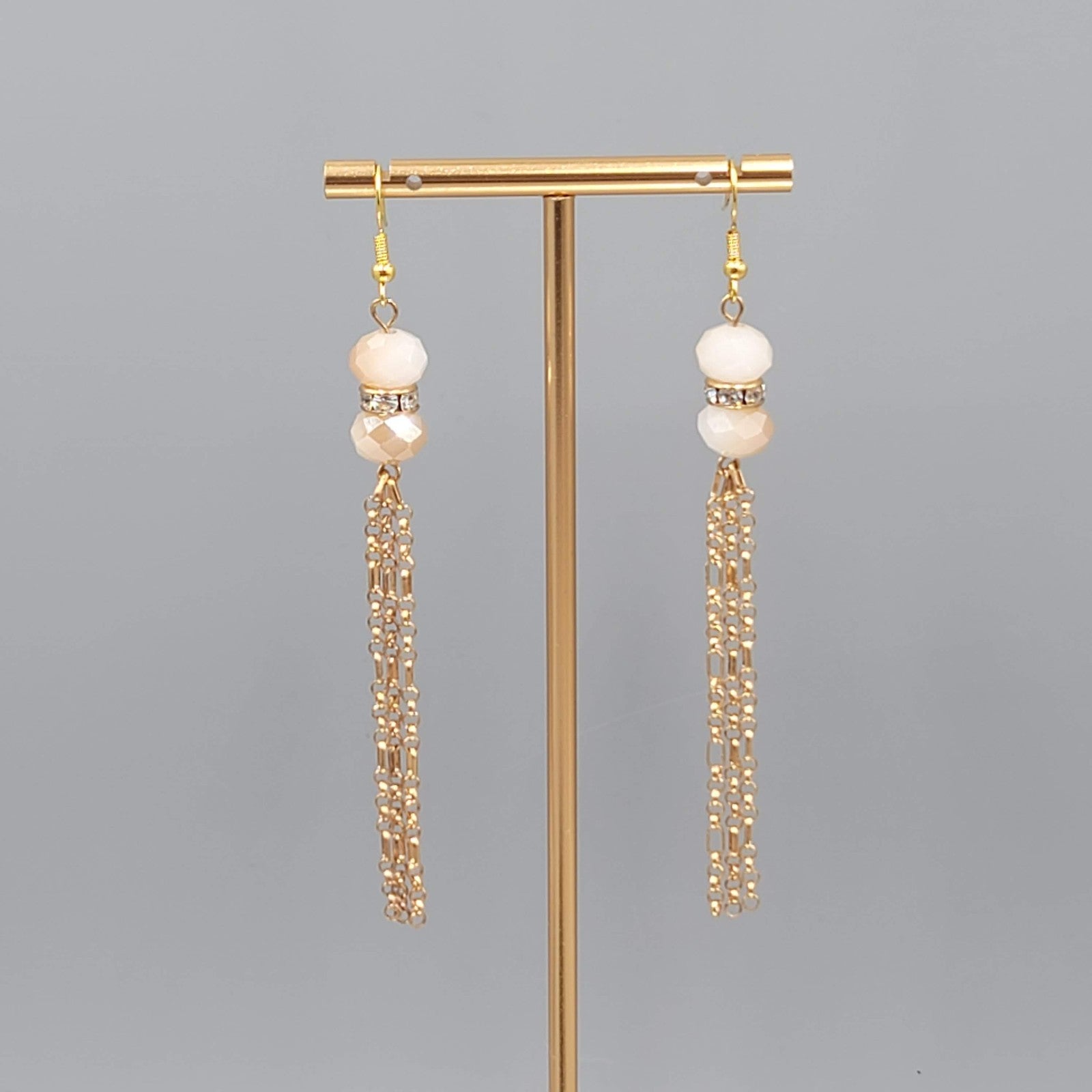 Gold tone Dangle Chains Pierced Earrings Ombre Faceted Glass Beads 3"