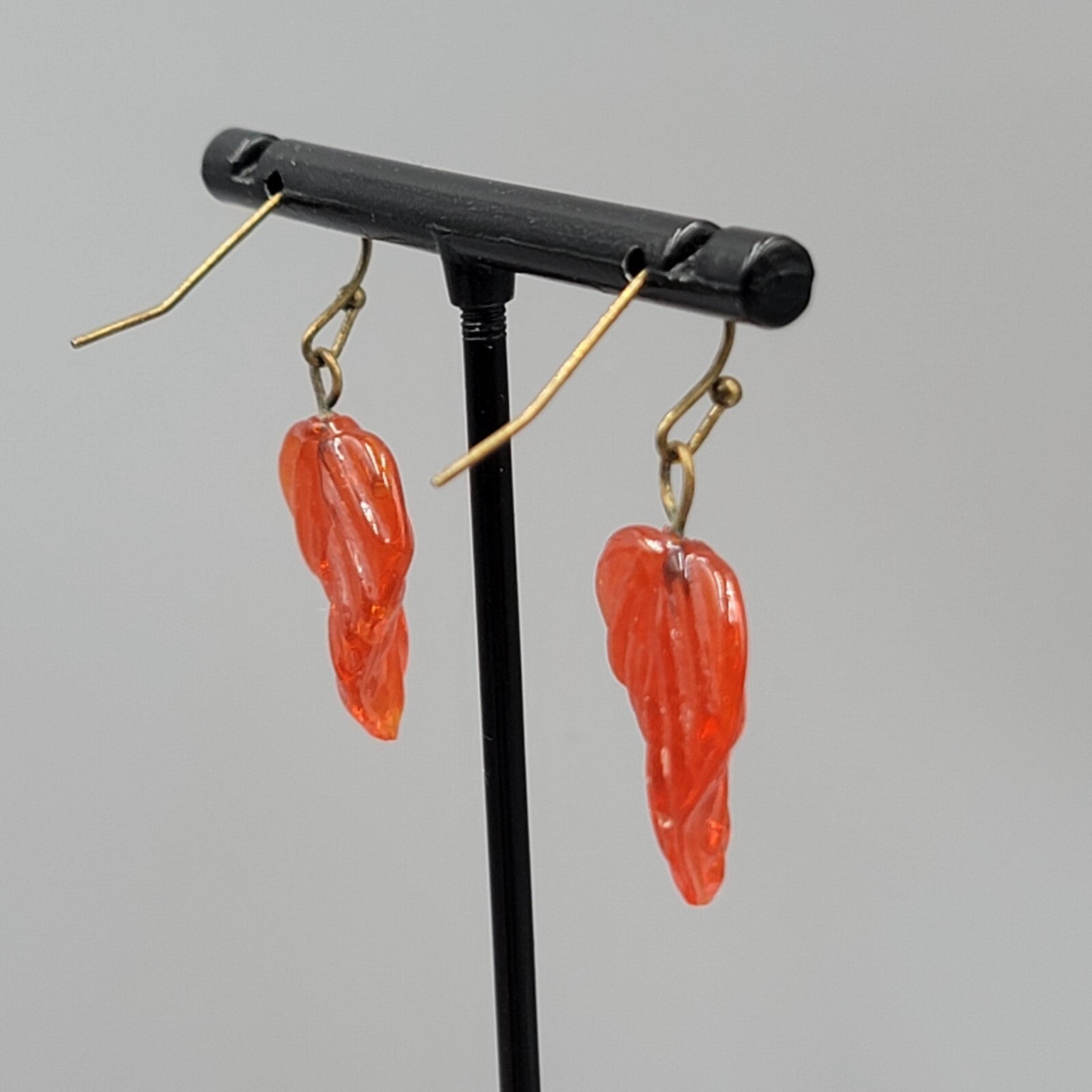 Orange Glass Leaf Pierced Earrings Bronze tone Dangle 1"