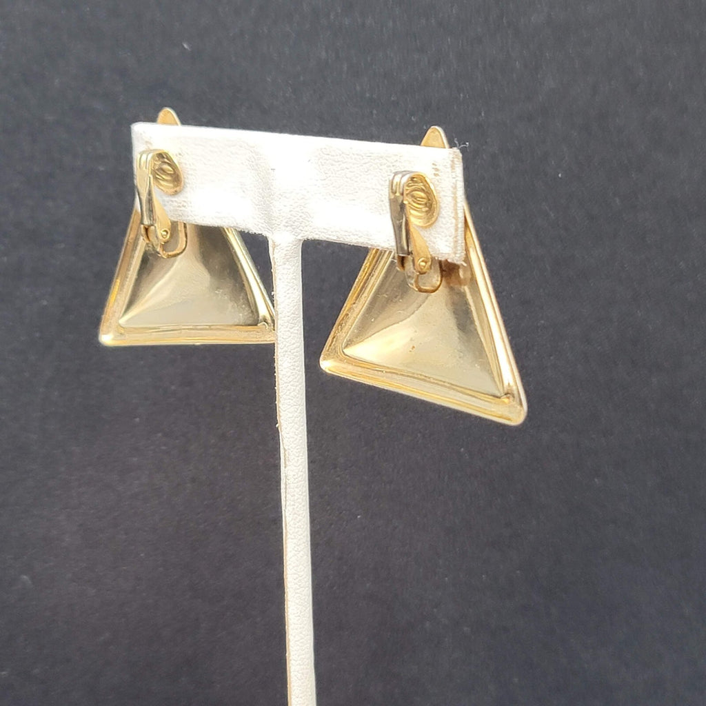 Vintage Clip on Earrings Black Gold Enamel Triangle Large Statement 1 3/8"