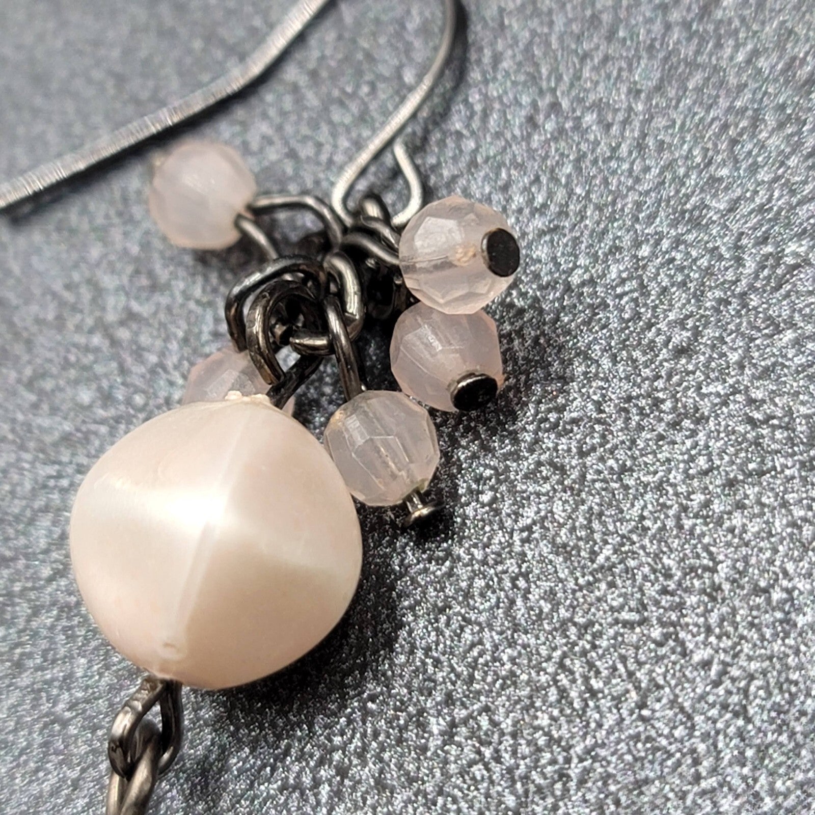 Pierced Earrings Black Metal Pale Pink Beads Dangle 1.5"
