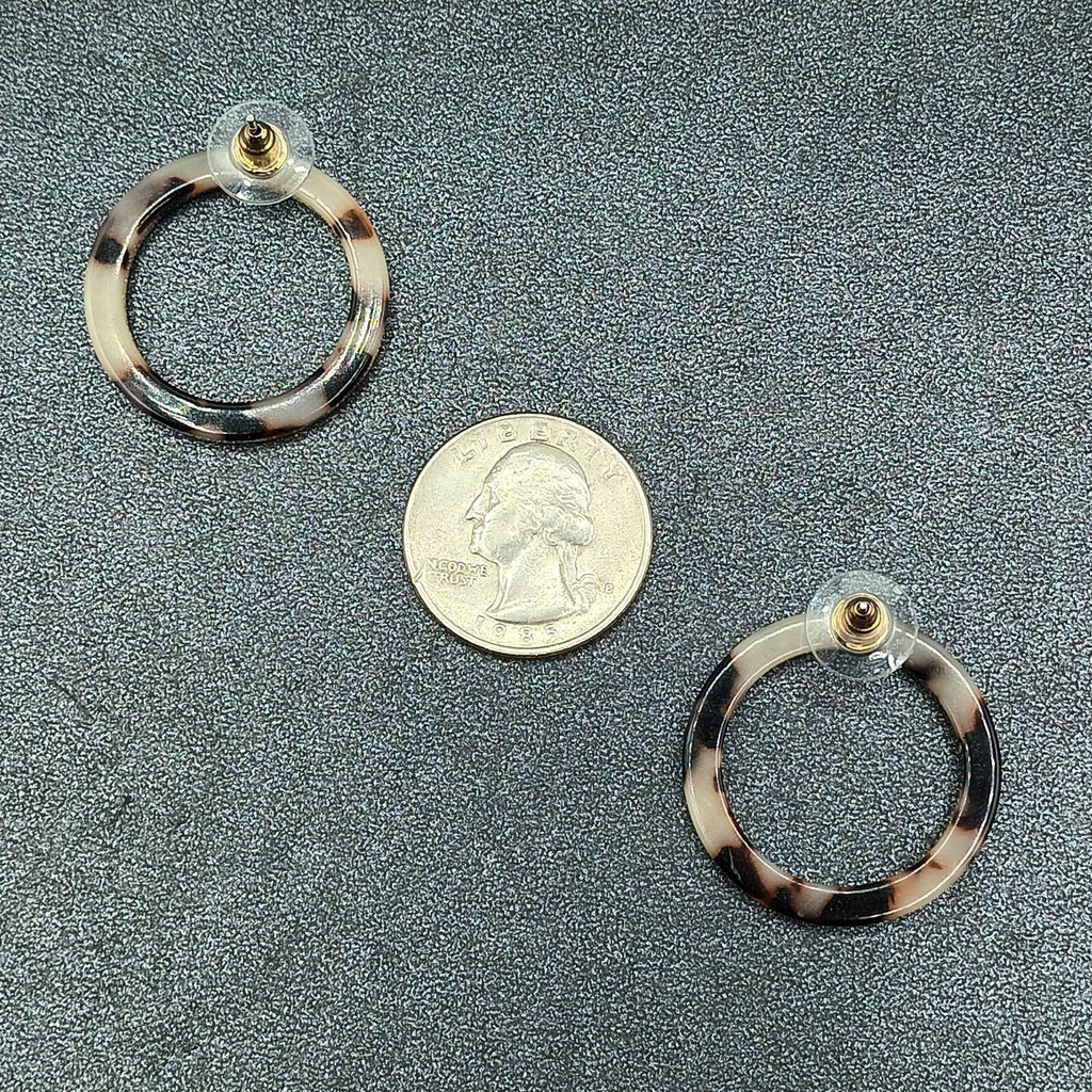 Pierced Earrings Brown Speckled Acrylic Open Circle Hoop Drop 1 1/8"