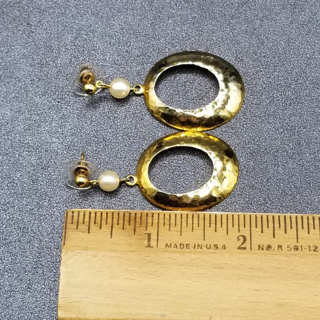 Pierced Earrings Gold tone Faux Pearl Hammered Oval Dangle 1 7/8"