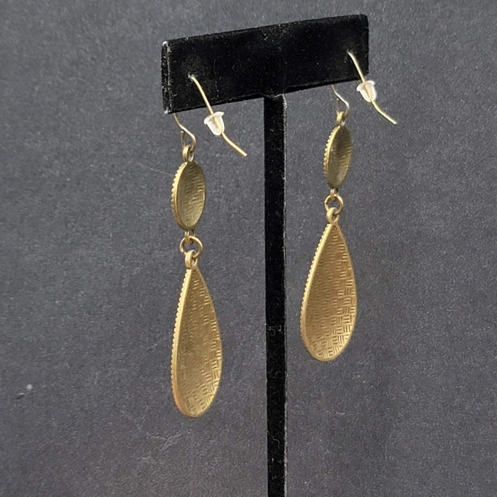 New Boho Pierced Earrings Antiqued Gold tone Lt Orange Enamel Teardrop Dangle 2"