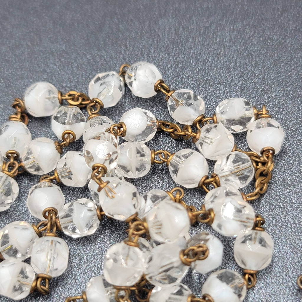 Vintage White Clear Glass Bead Catholic Rosary Crucifix Gold tone