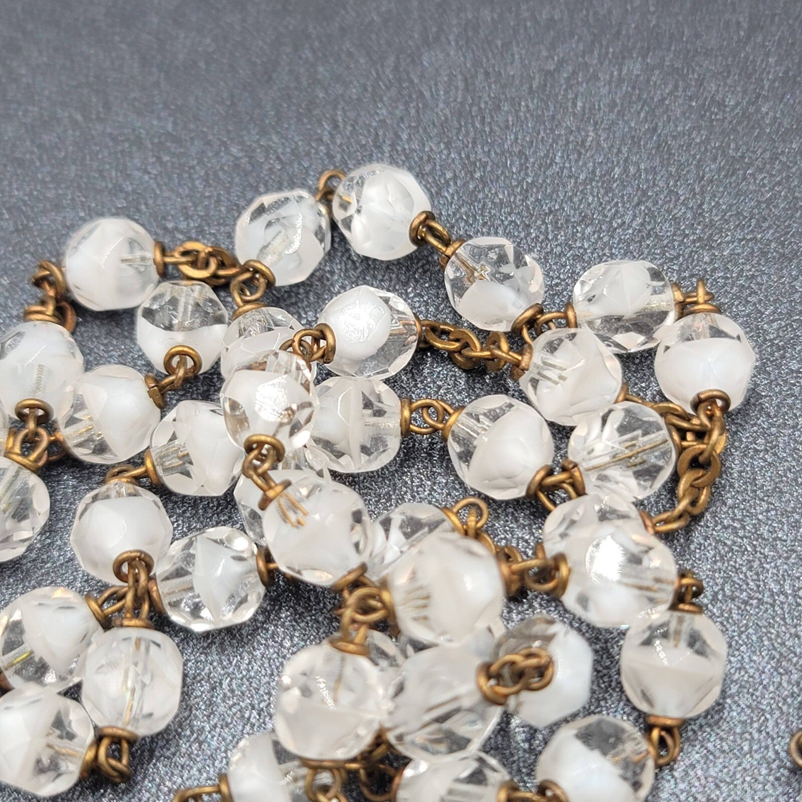 Vintage White Clear Glass Bead Catholic Rosary Crucifix Gold tone