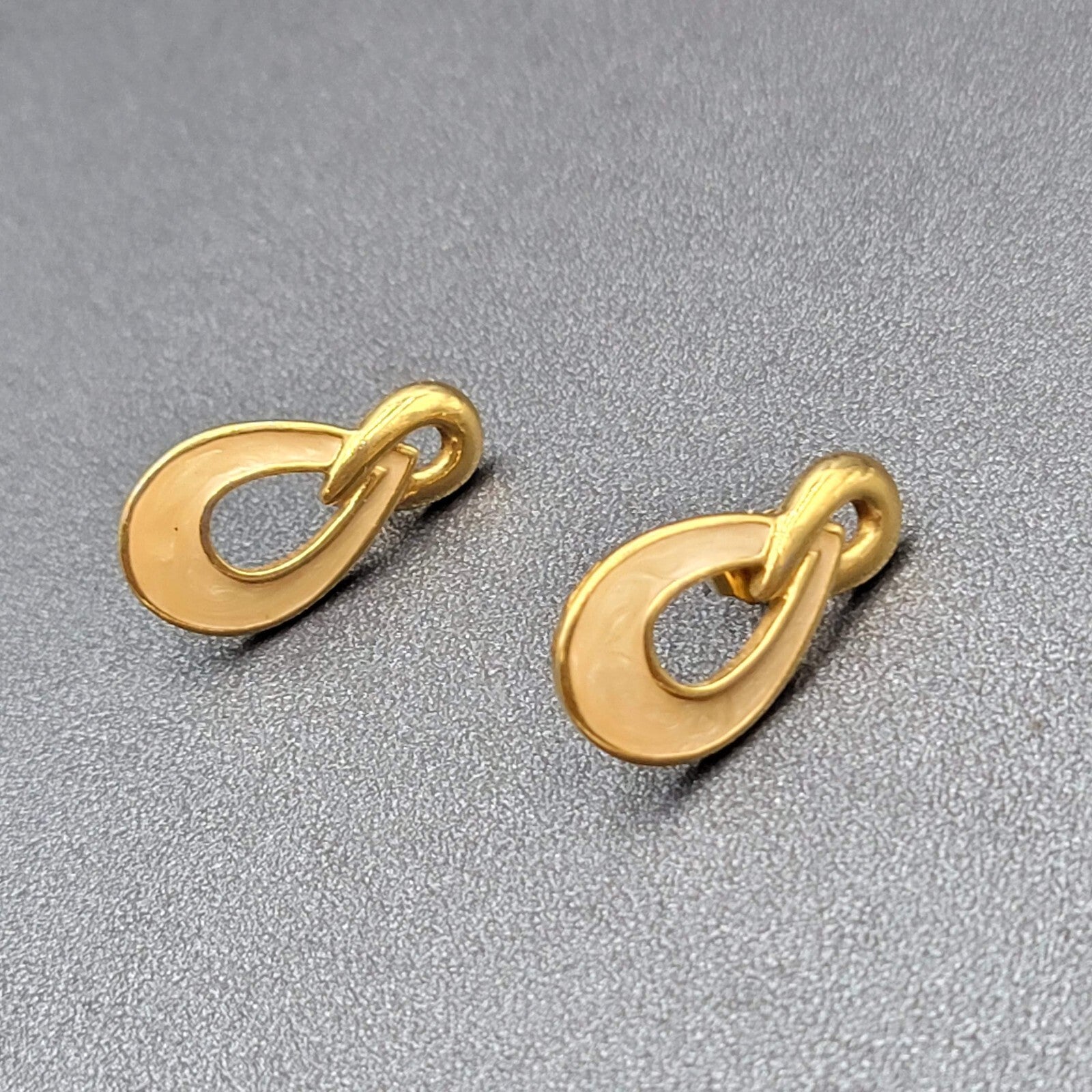 Vintage Pierced Earrings Gold Plated Cream Enamel Drop 1"