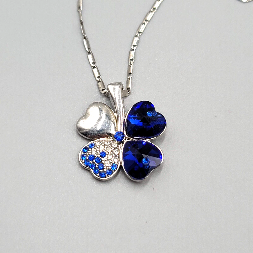 Shamrock Clover Necklace Blue Rhinestone Silver tone Chain 16"-18"