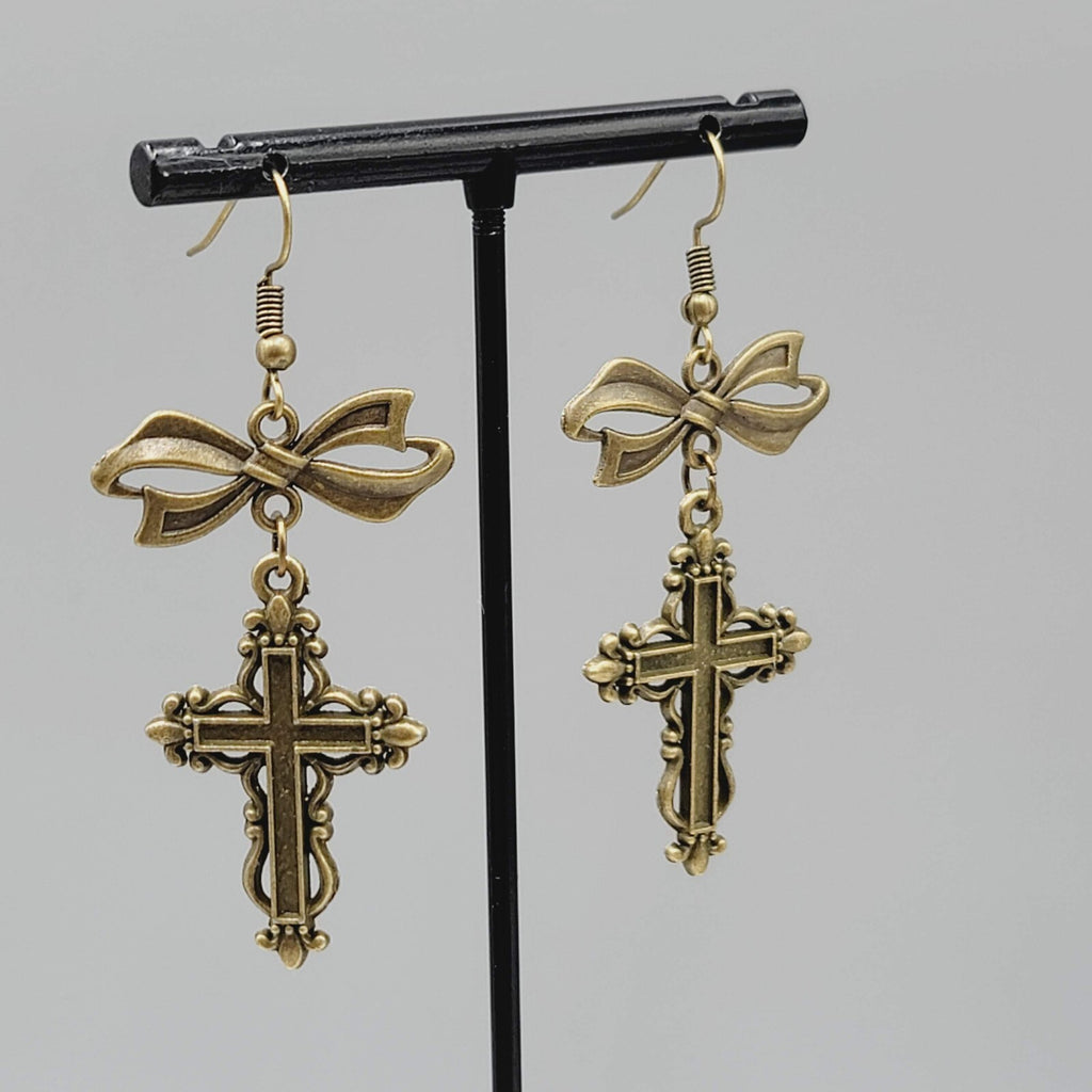 Cross Pierced Earrings Bronze tone Long Bow Dangle New 1.75"
