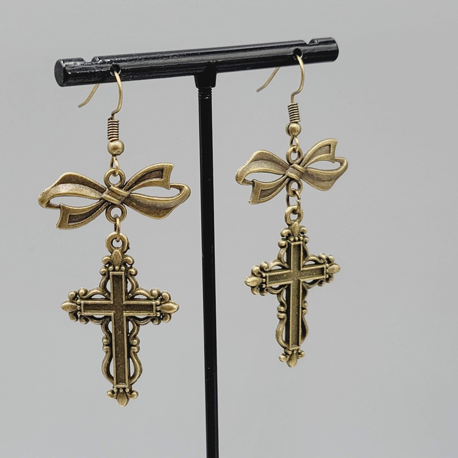 Cross Pierced Earrings Bronze tone Long Bow Dangle New 1.75"