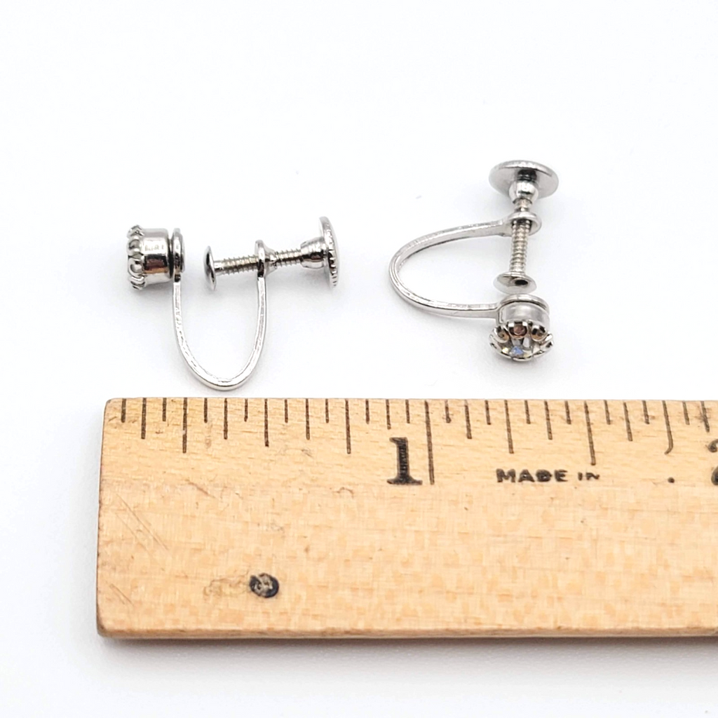 Vintage Stud Clip on Earrings Cubic Zirconia Silver tone 3/16 in