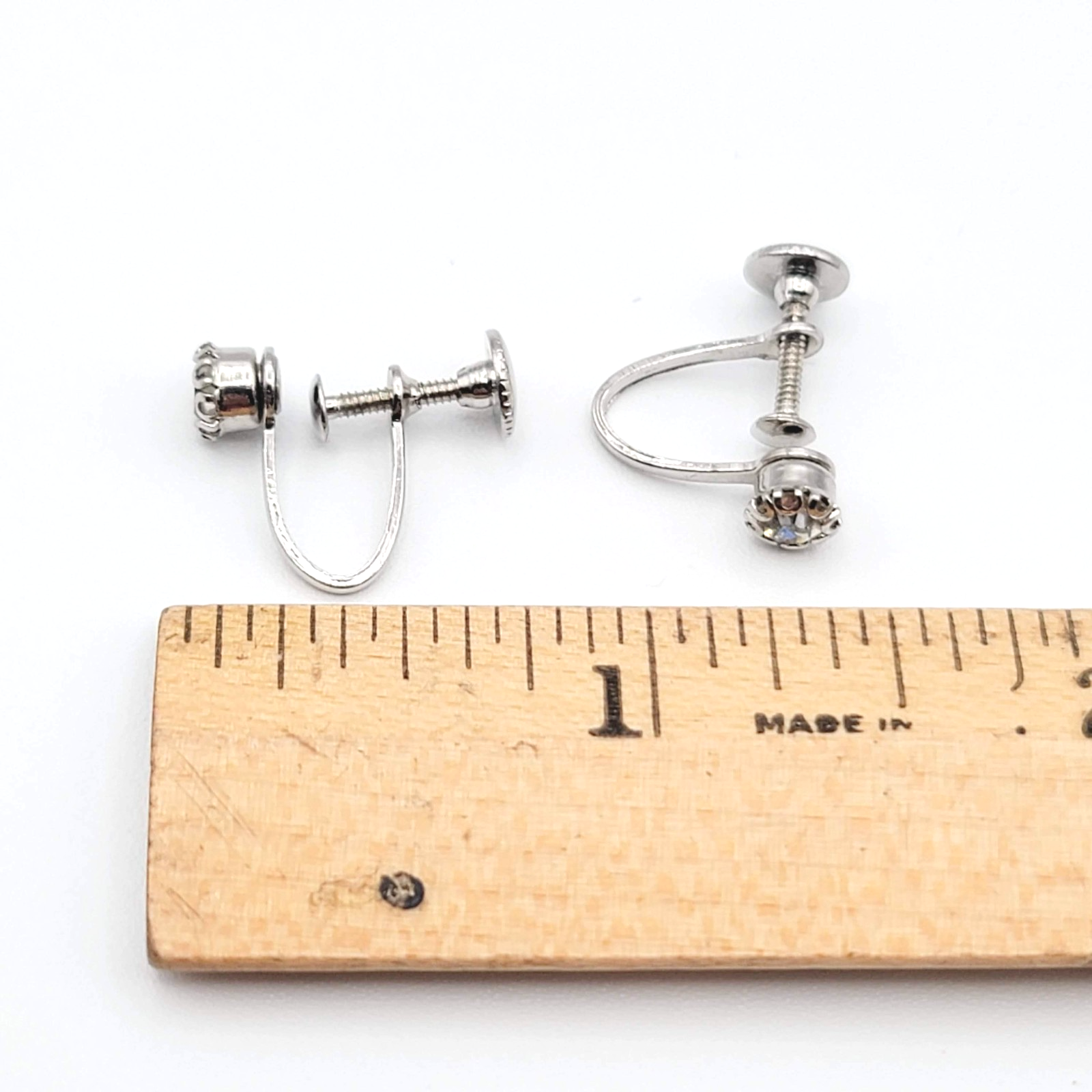 Vintage Stud Clip on Earrings Cubic Zirconia Silver tone 3/16 in