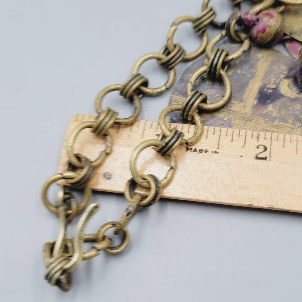 Vintage Artisan Ethnic Necklace Brass Pink Painted Metal Chain Artistic 24"