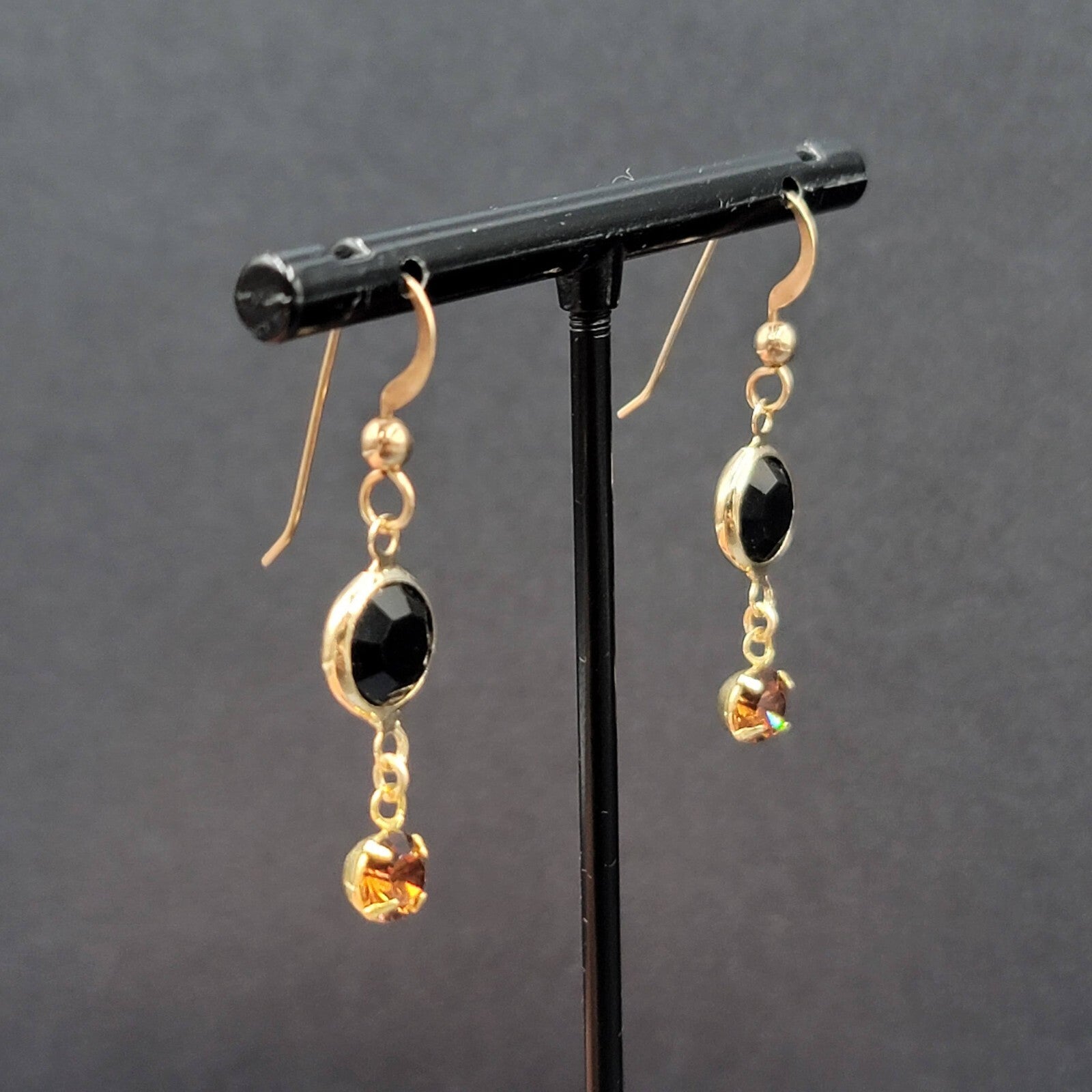 Pierced Earrings Gold tone Black Orange Rhinestone Dangle 1"