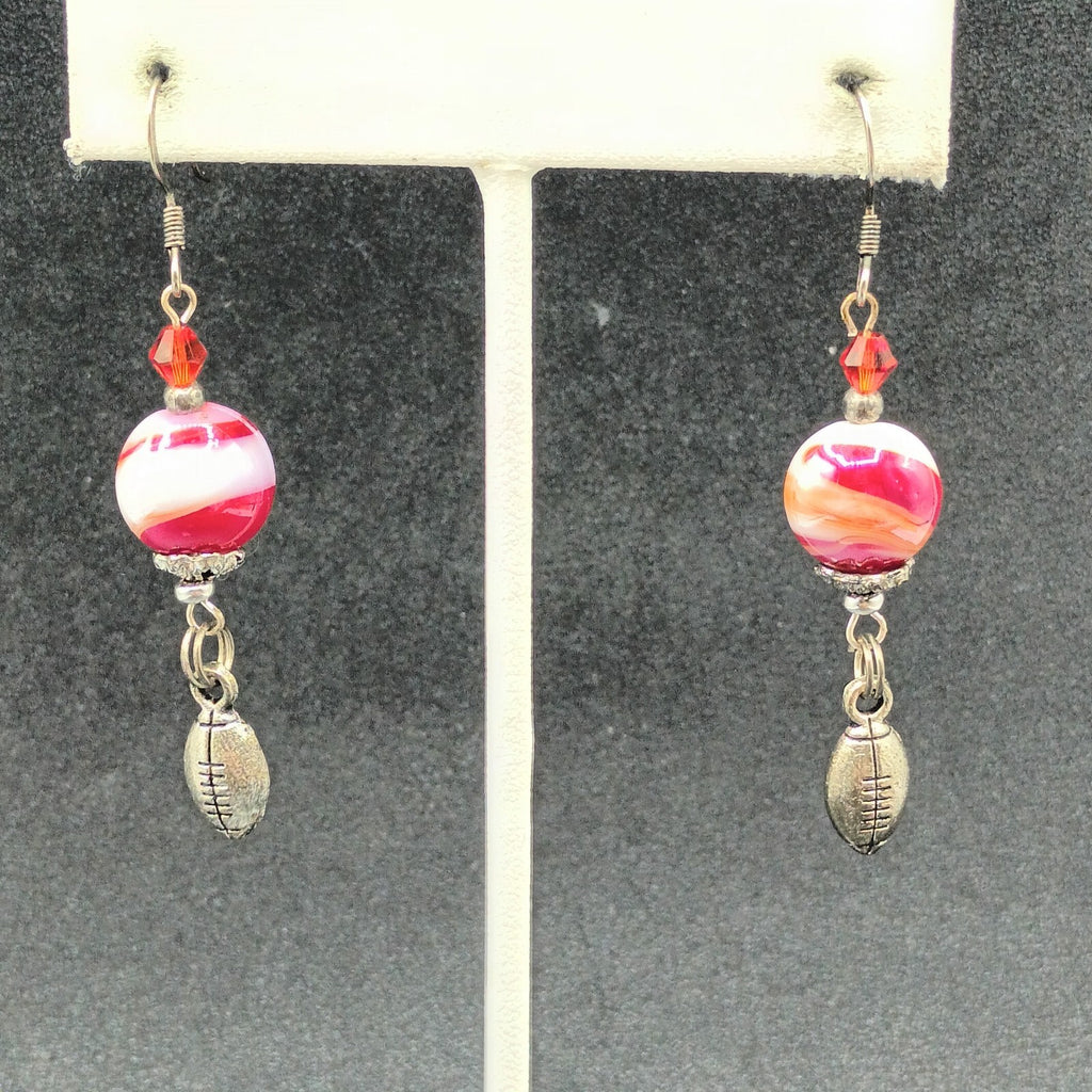Pierced Earrings Red White Swirl Art Glass Silver tone Football Dangle Charm
