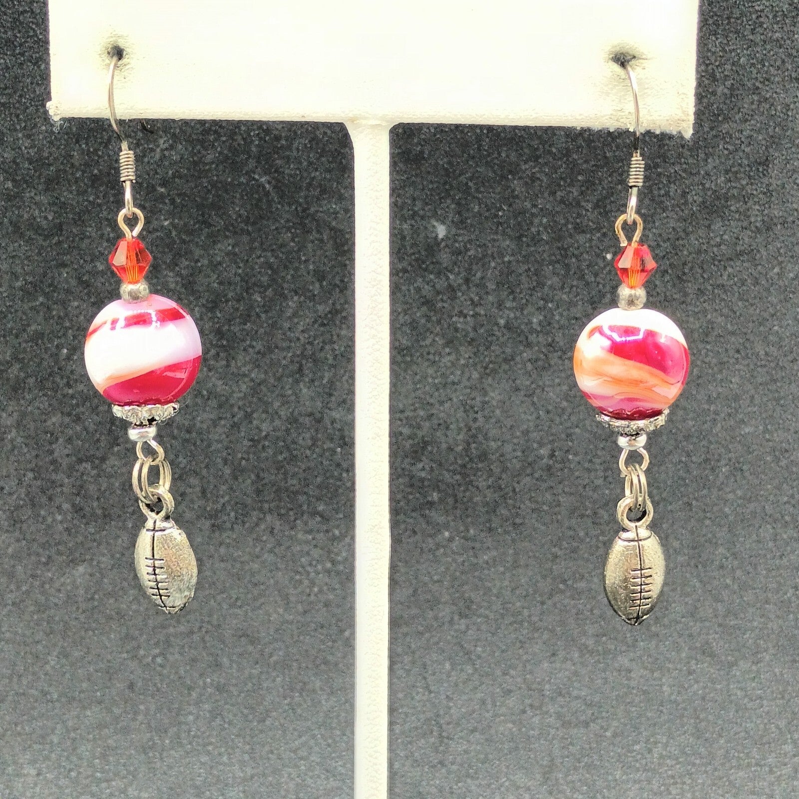 Pierced Earrings Red White Swirl Art Glass Silver tone Football Dangle Charm