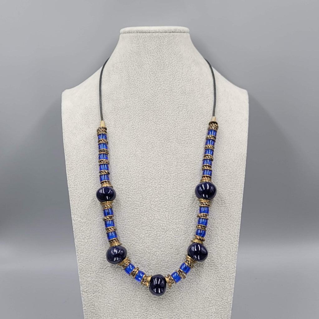 Vintage Ethnic Brass Blue Glass Bead Necklace 24" Estate Jewelry