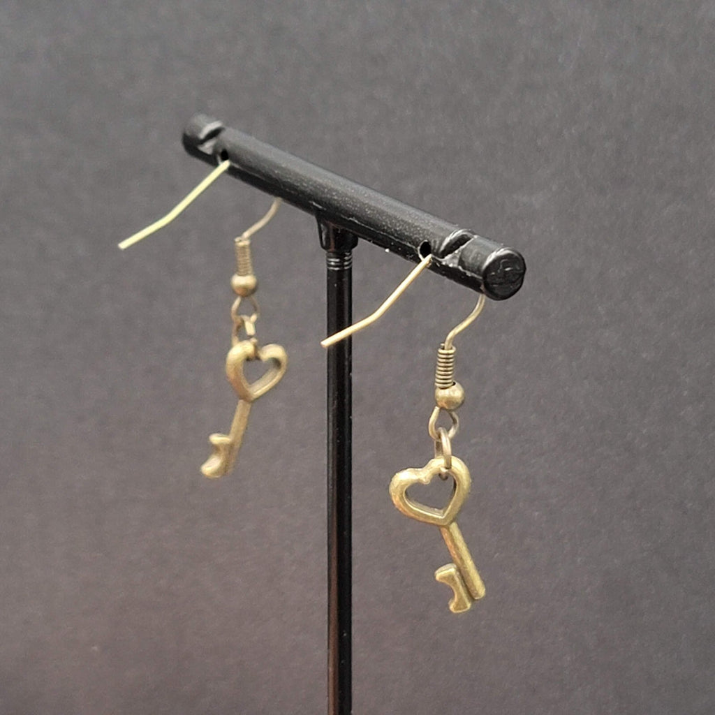 New Pierced Earrings Bronze tone Heart Skeleton Key Dangle 5/8"