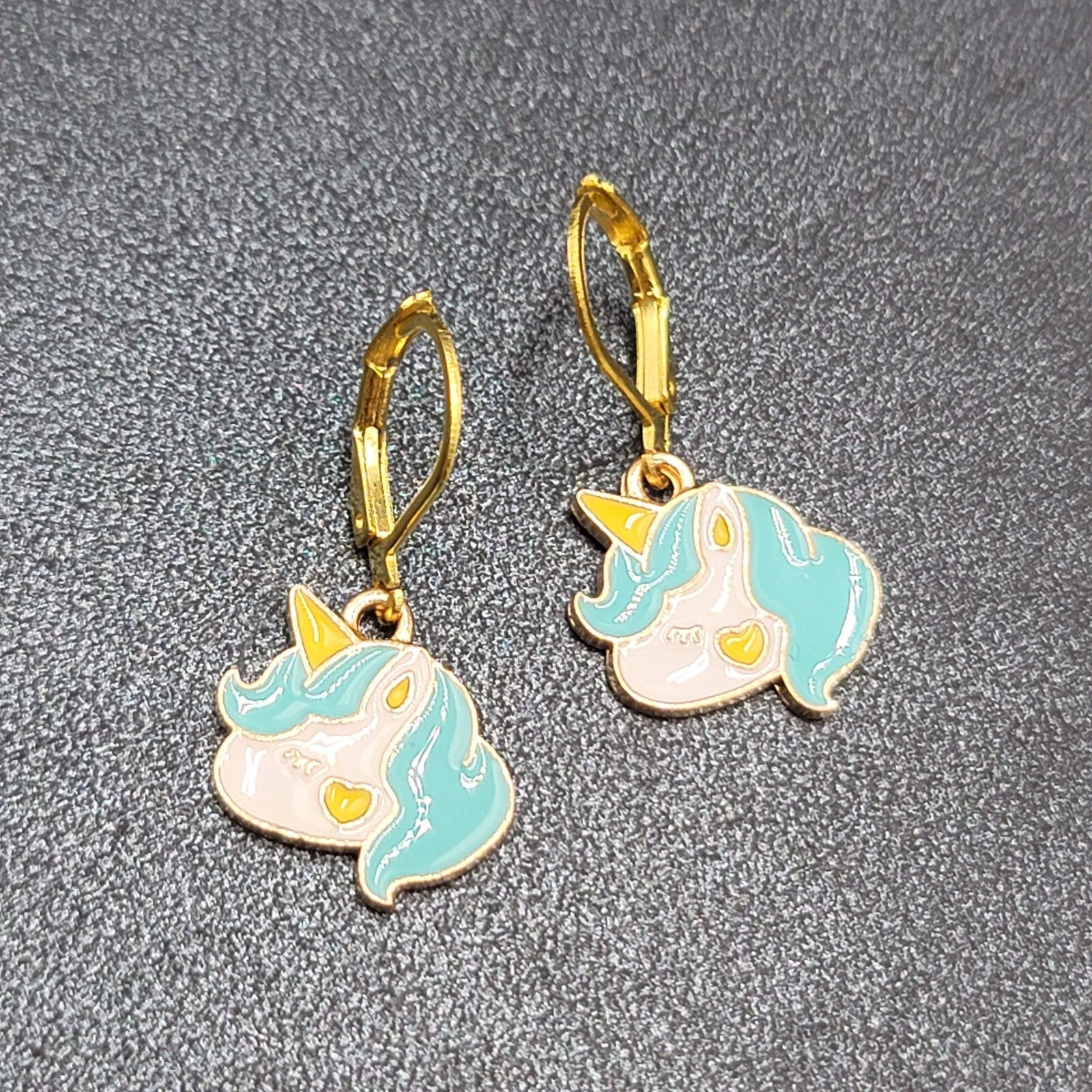 New Unicorn Pierced Earrings Blue Enamel Dangle Gold tone 5/8"