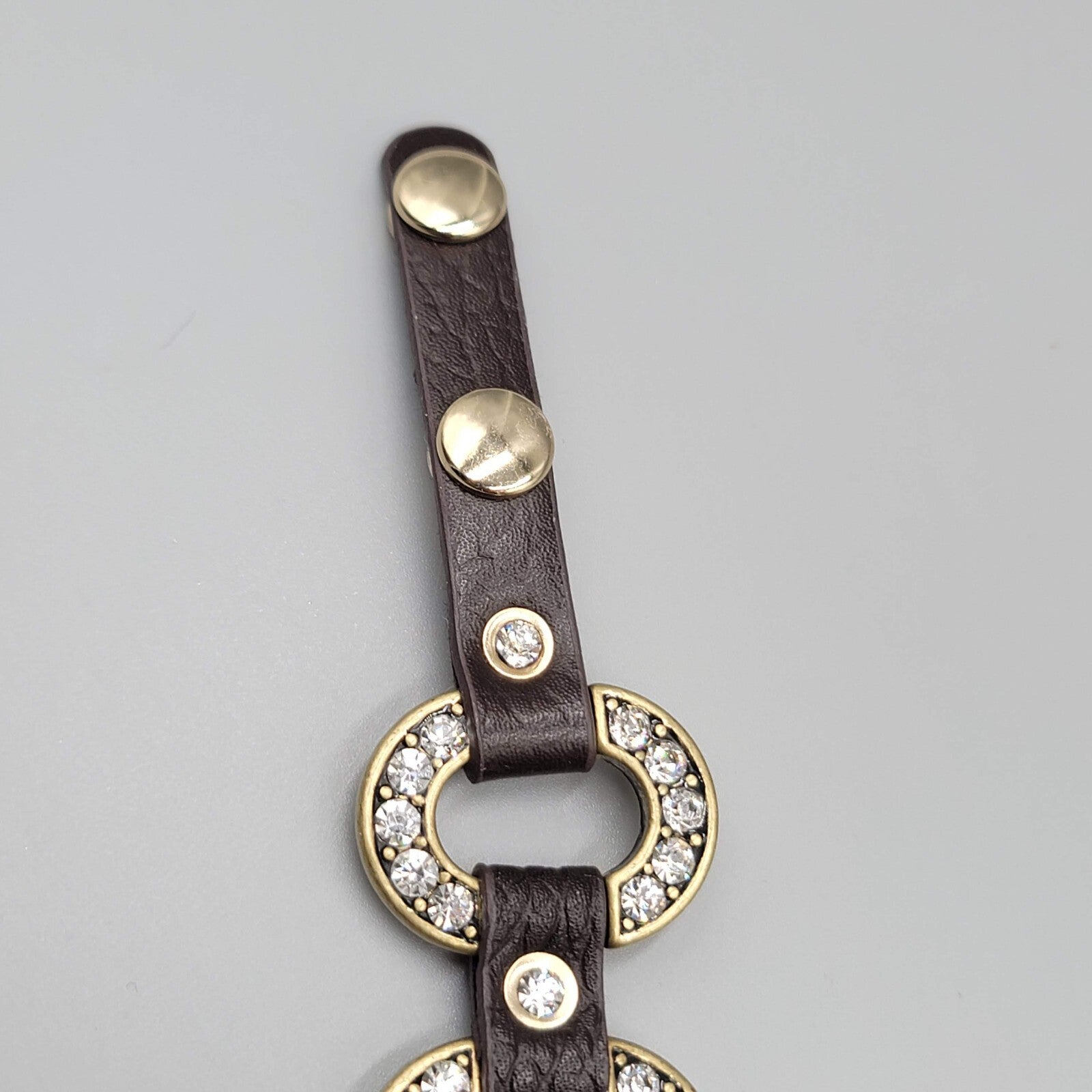 Guang Tong Brown Leather Bracelet Snaps Rhinestones Bronze tone