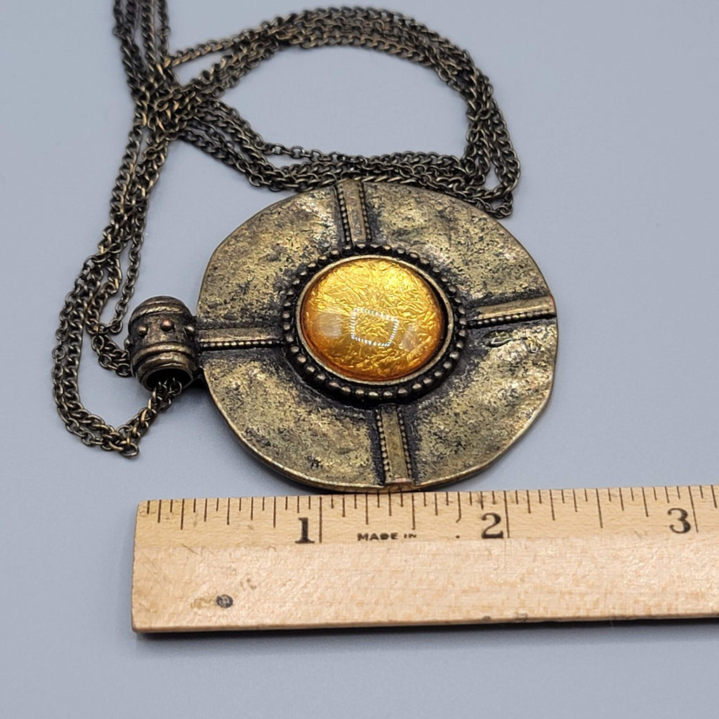 Large Medallion Pendant Necklace Bronze tone Yellow Glass 28"-31" Double Chain