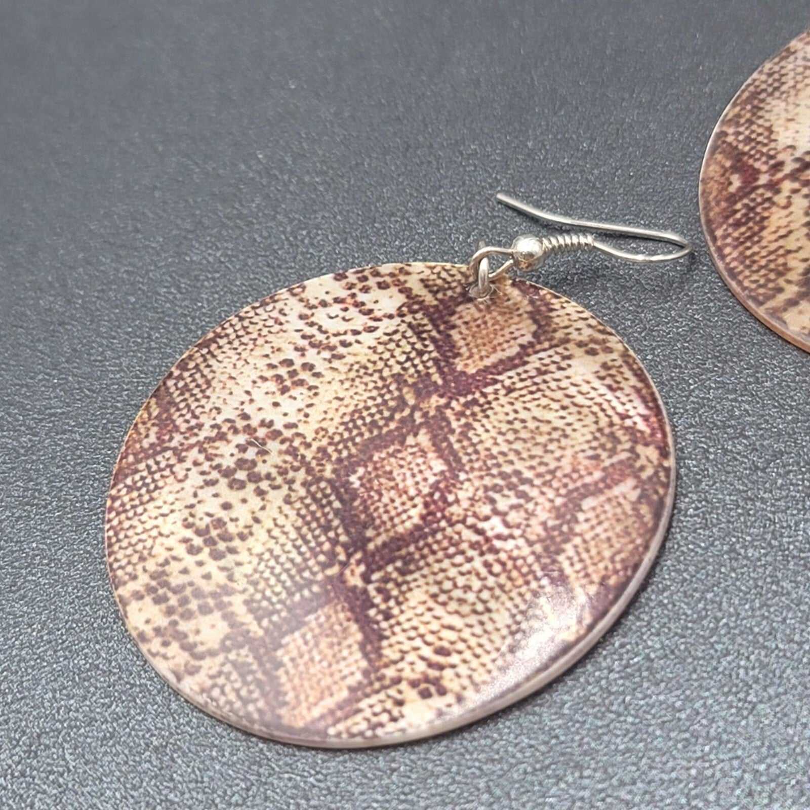 Pierced Earrings Snake Skin Print on Sea Shell 1.75"