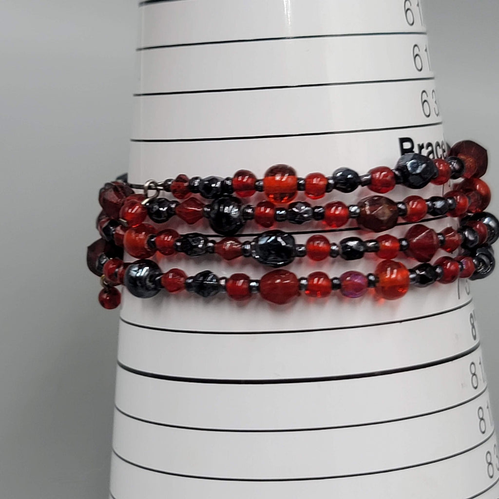 Red Black Glass Bead Bracelet Memory Wire 