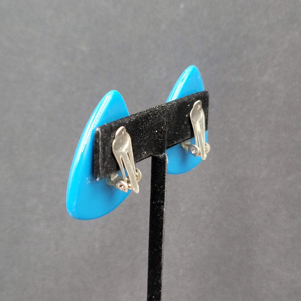 Vintage Clip on Earrings Blue Acrylic Triangle Statement Drop 1 3/8"