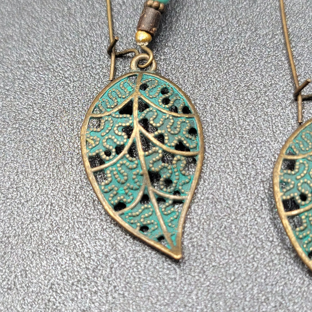 Boho Pierced Earrings Bronze tone Faux Patina Leaf Beaded 2.75"