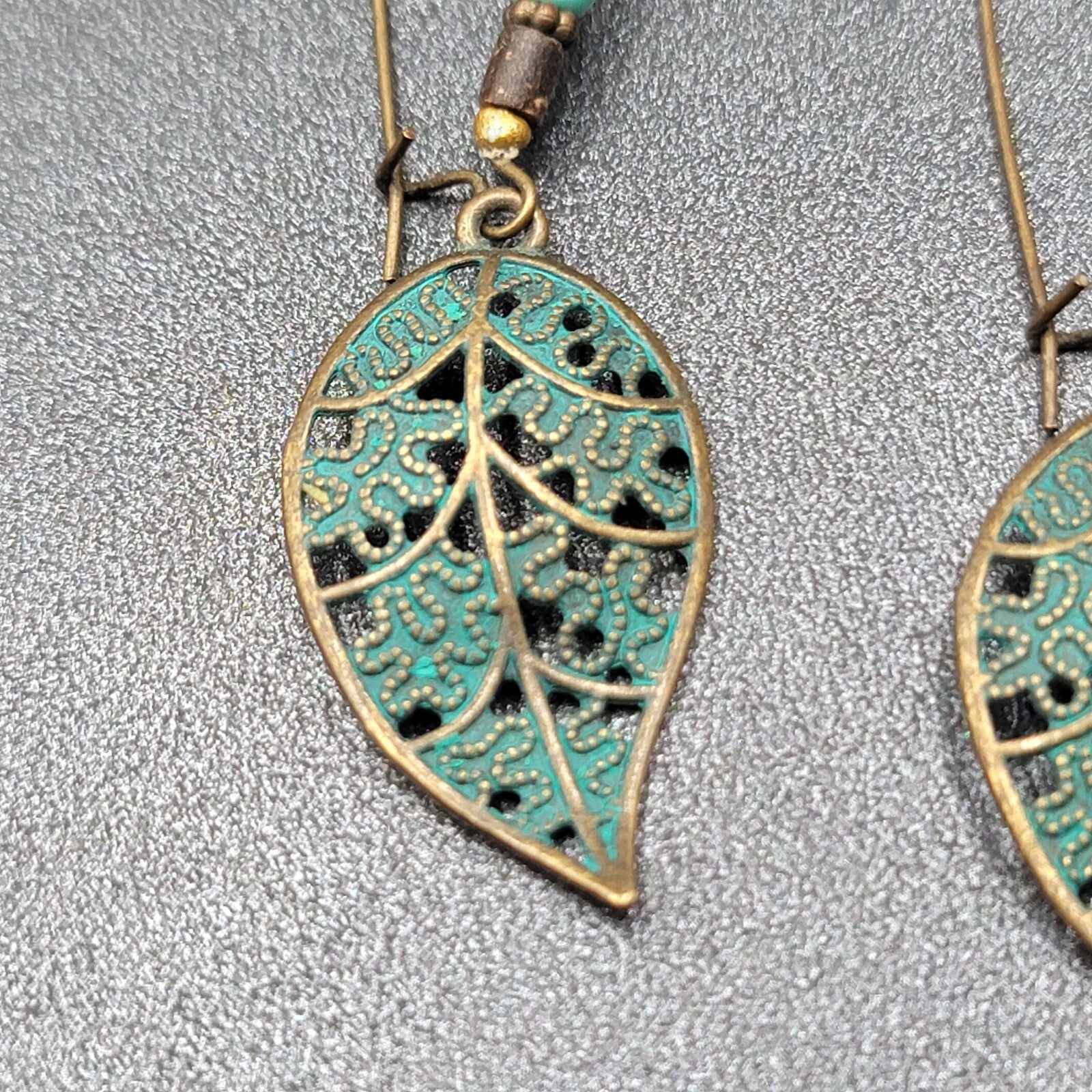 Boho Pierced Earrings Bronze tone Faux Patina Leaf Beaded 2.75"
