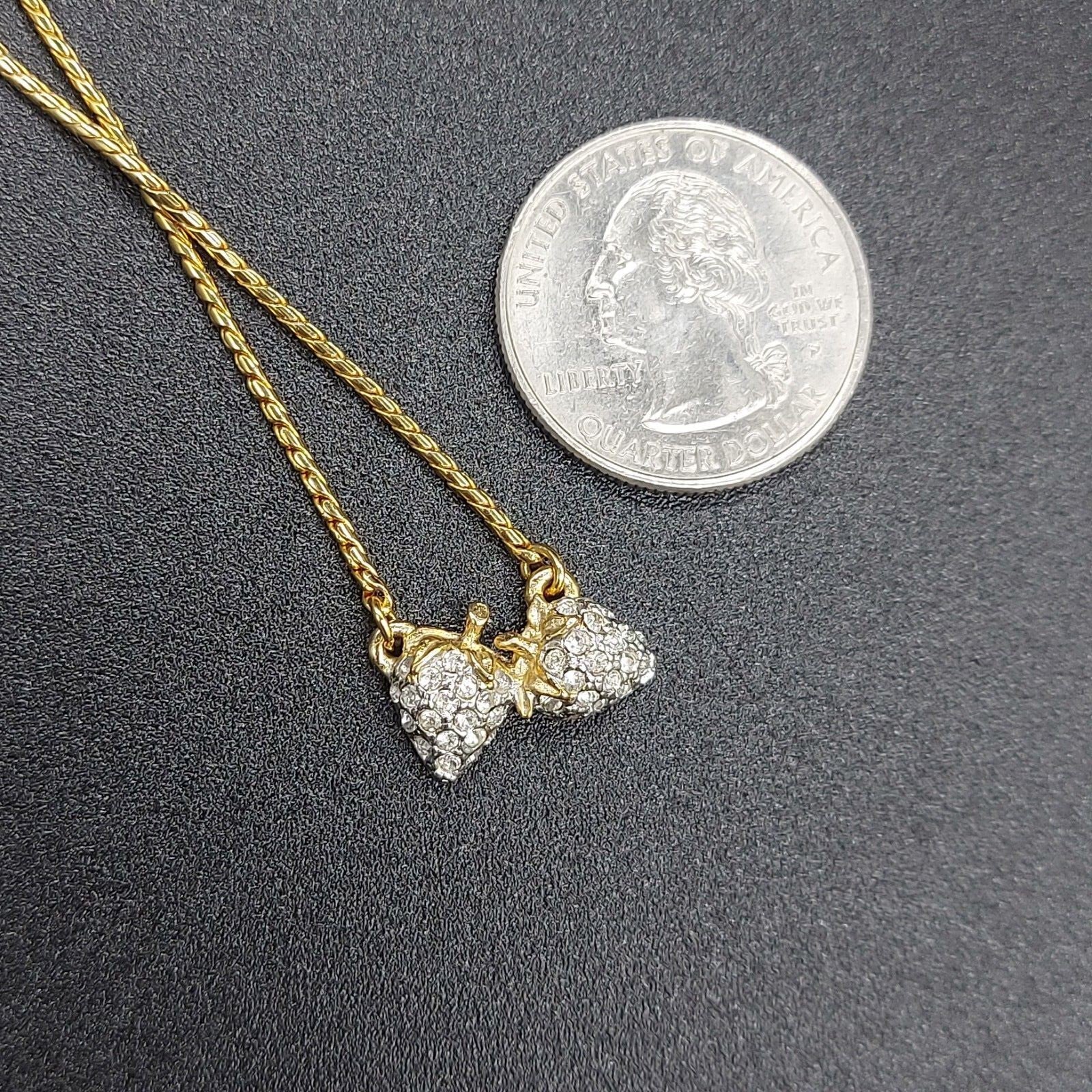 Vintage Strawberries Pendant Necklace Gold tone Rhinestone 15" Estate Costume