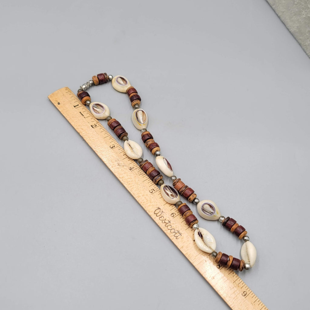 Vintage Seashell Wood Bead Necklace Men Women Unisex Beach Theme 18 in